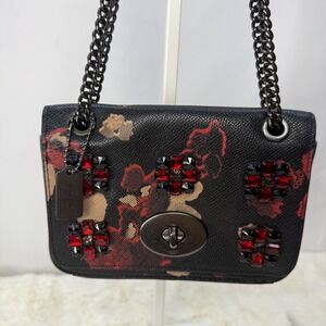 Coach Jewel Mini Crossbody Bag black calfskin beige red floral rhinestone‎ Purse